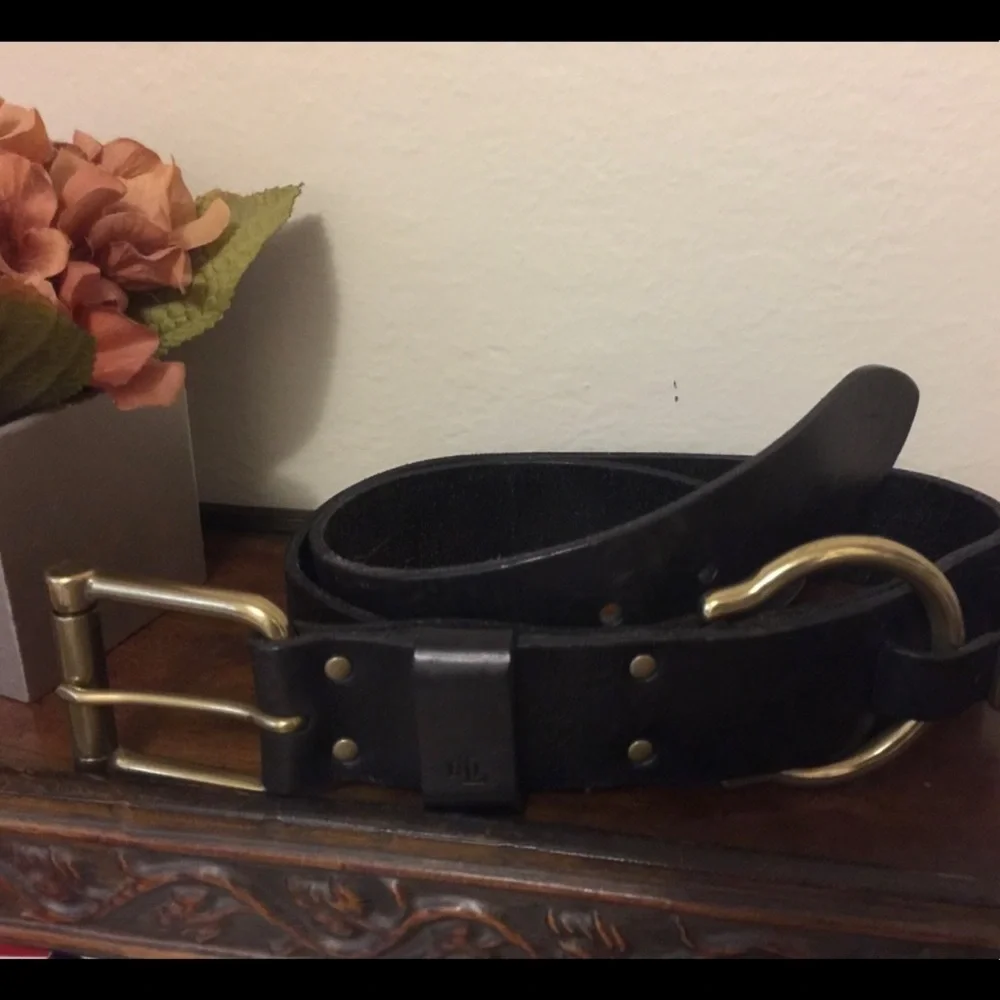 Ralph Lauren Black Leather Double Buckle Belt Brass Hardware Size M Fits 36”